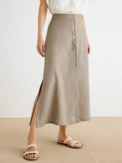 Kaia 100% Linen Button Up A-Line Long Skirt