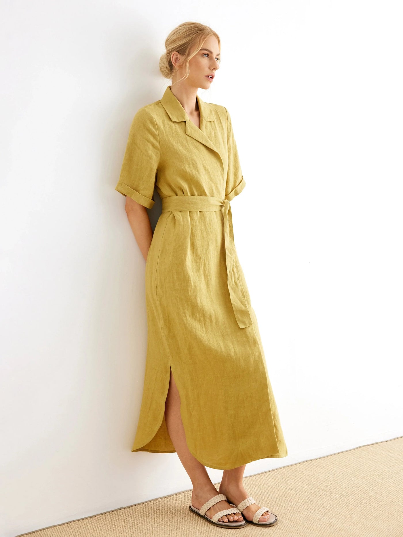 Gwyneth 100% Linen Collared Maxi Wrap Dress