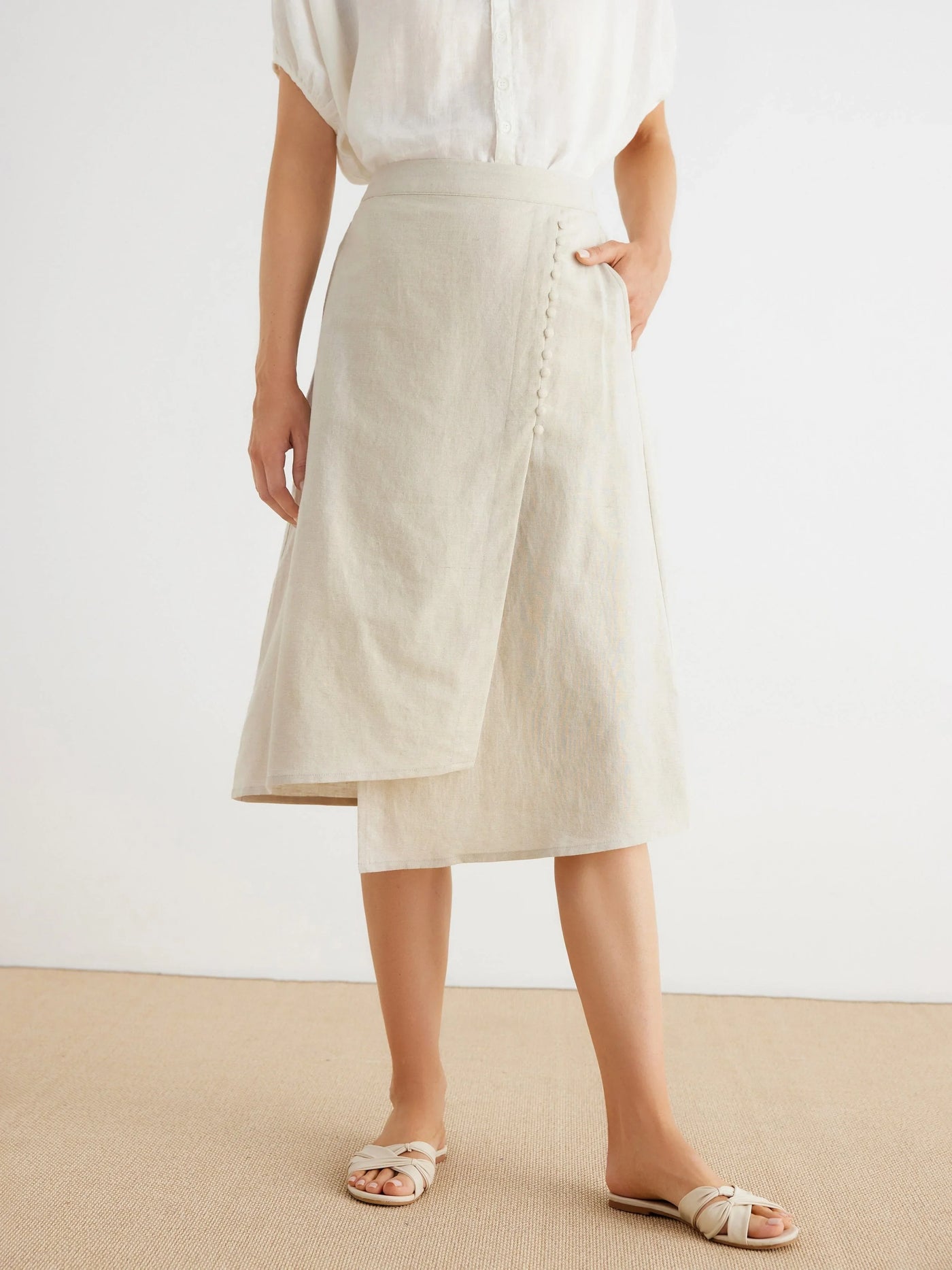 Charlie Linen Asymmetrical Hem Pockets Midi Skirt