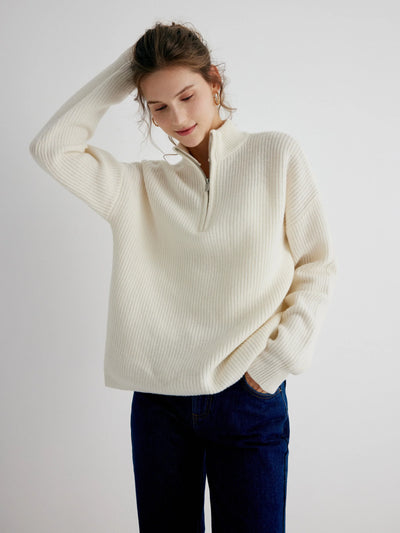 Rowan 100% Merino Wool White Quarter-Zip Relaxed Fit Pullover