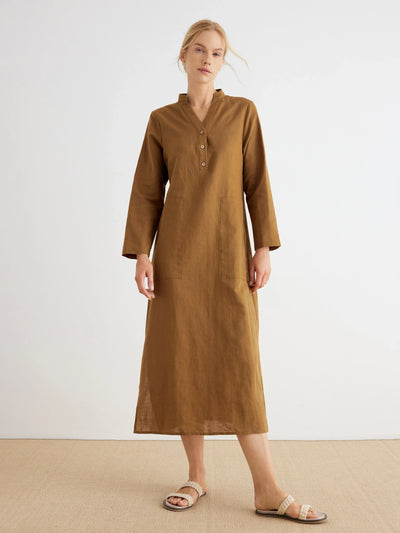 Jessie Linen V-Neck Button-Front Long-Sleeve Maxi Dress