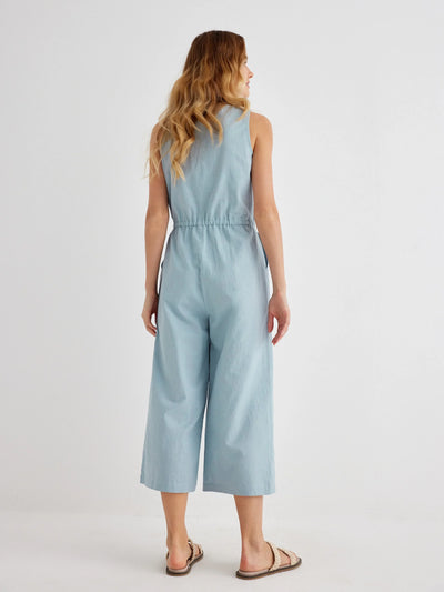 Zaria Linen Drawstring Waist Button-Front Jumpsuit