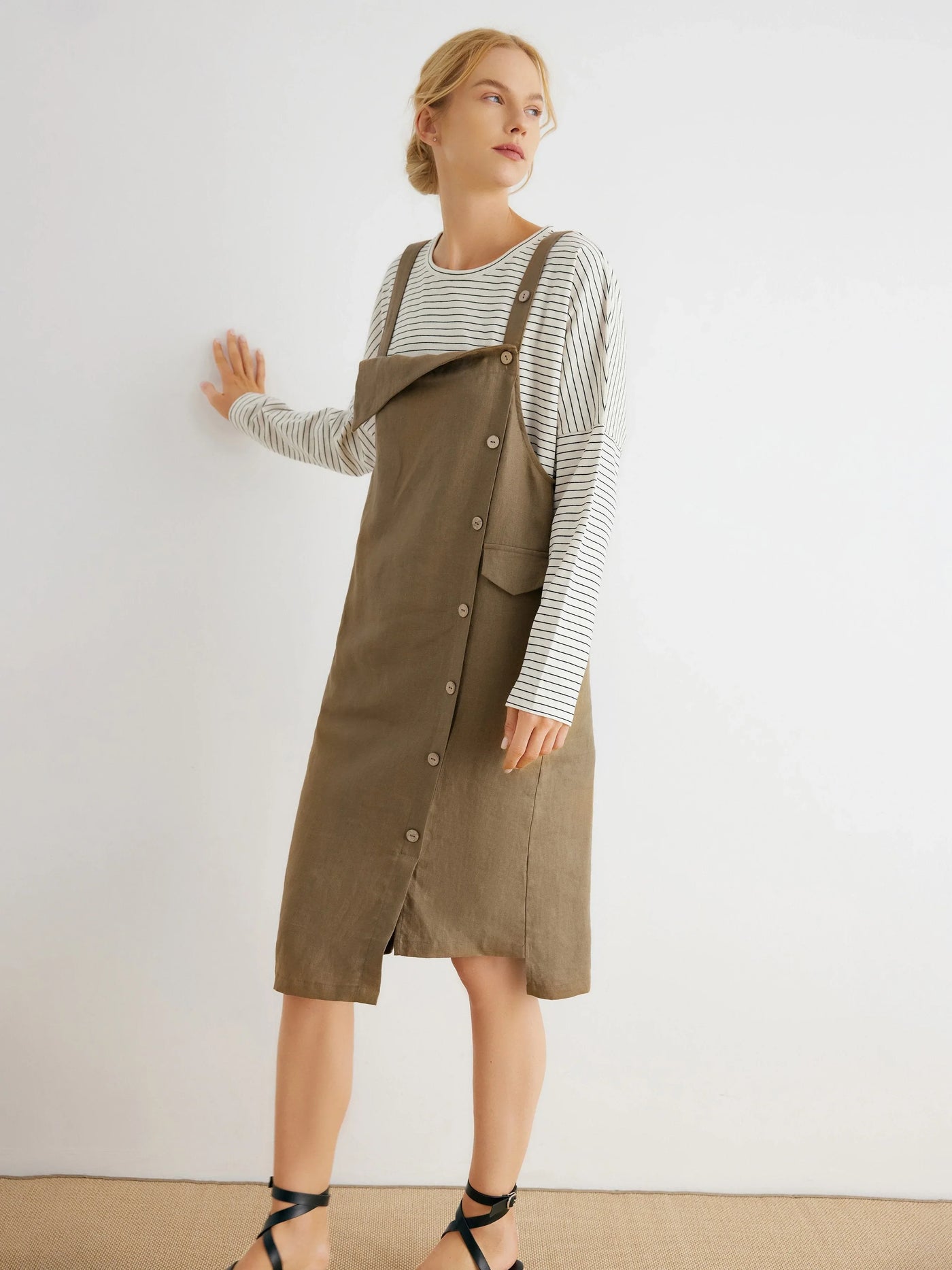 Milly 100% Linen Asymmetrical Buttons Slouchy Overall Dress