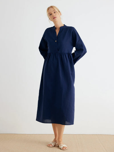 Teagan Linen V-Neck Empire Waisted Relaxed-Fit Tea-Length Dress