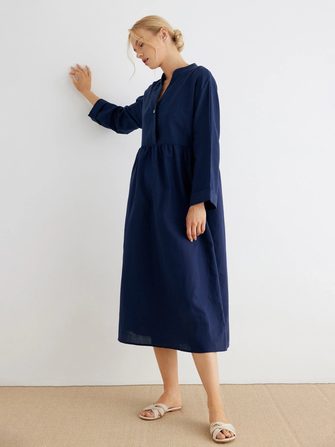 Teagan Linen V-Neck Empire Waisted Relaxed-Fit Tea-Length Dress