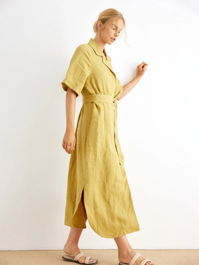 Gwyneth 100% Linen Collared Maxi Wrap Dress