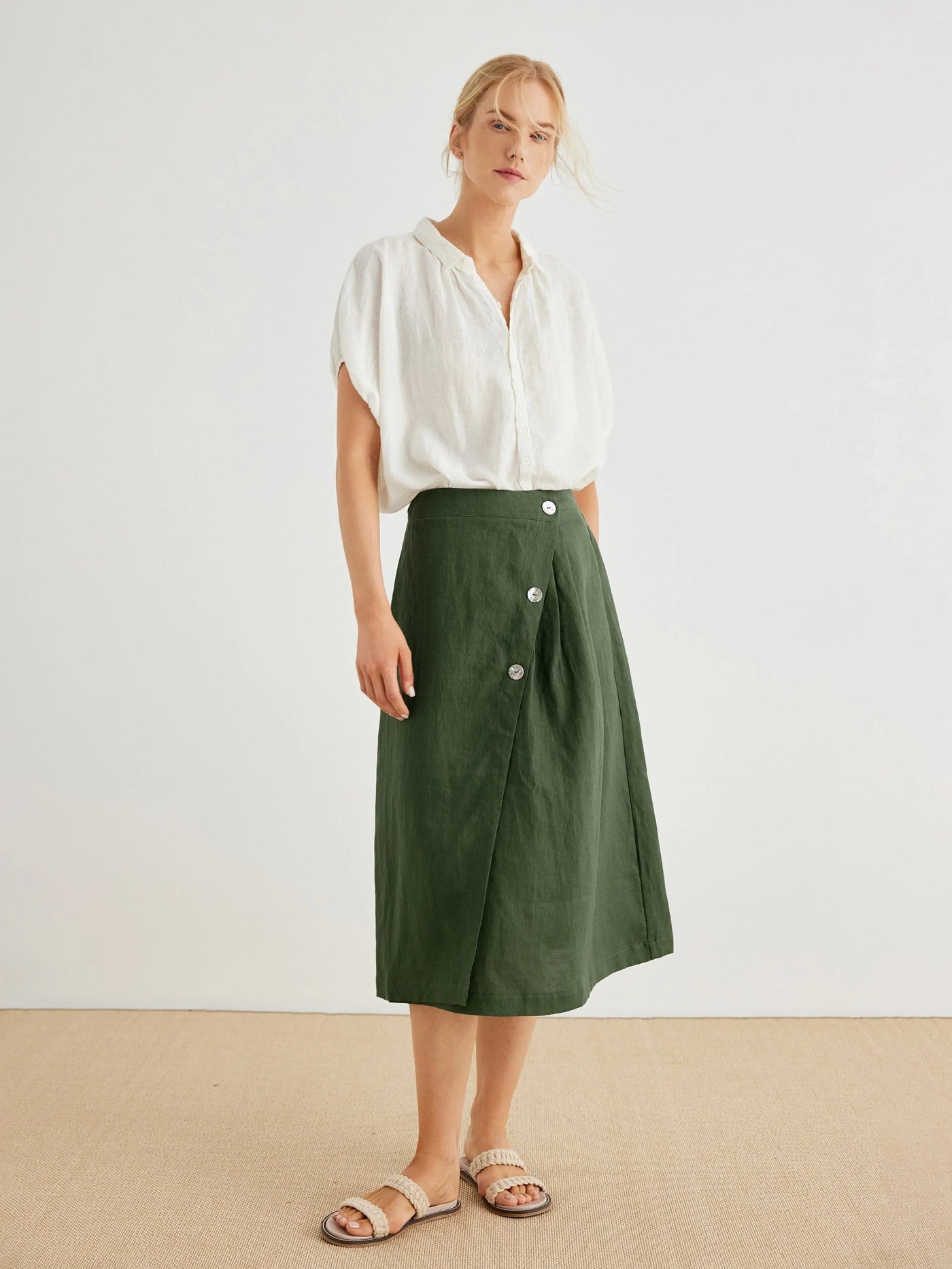 Calista 100% Linen A-Line Button Deco Midi Skirt