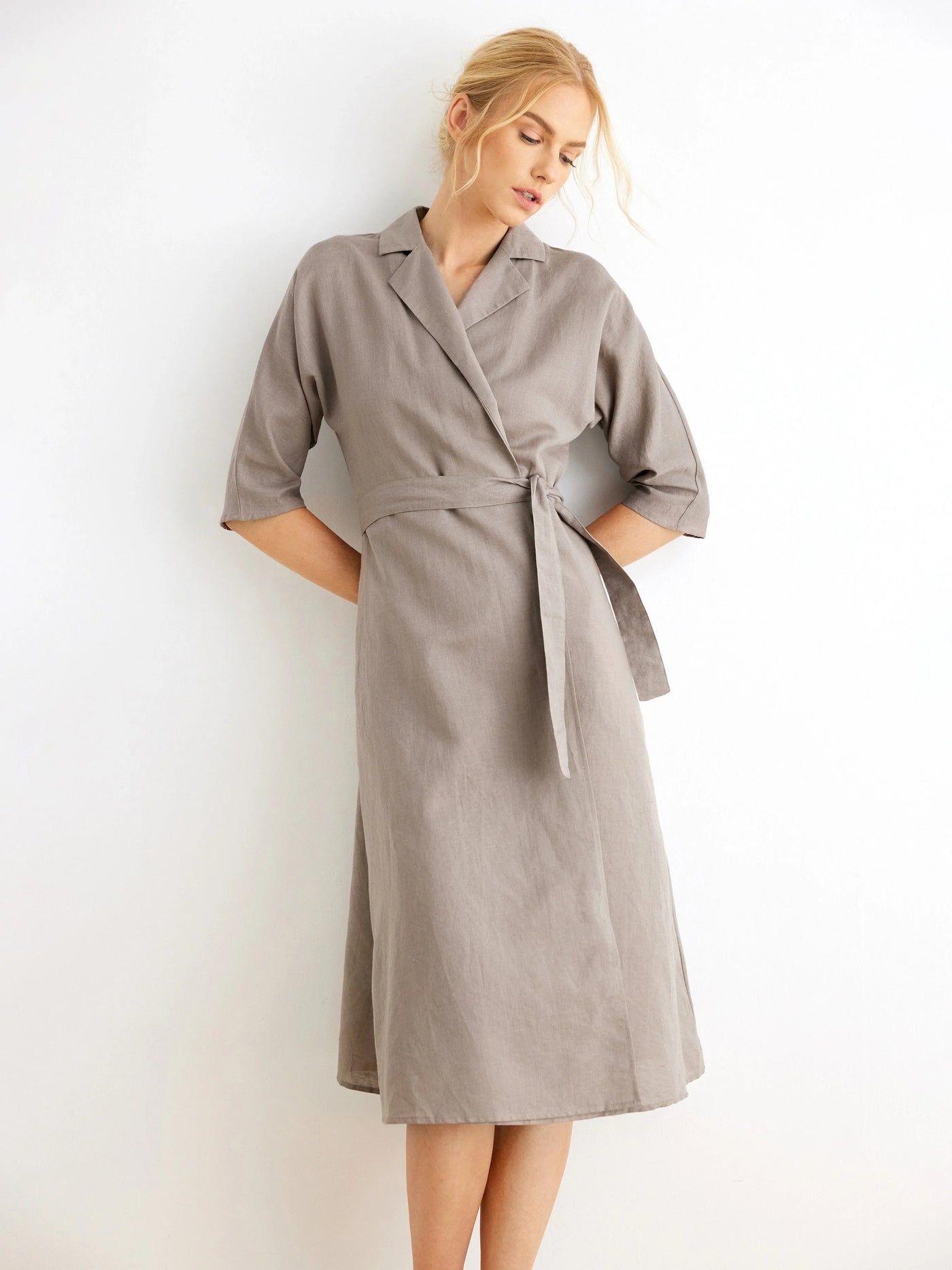 Mimi Linen Collared Midi Wrap Dress