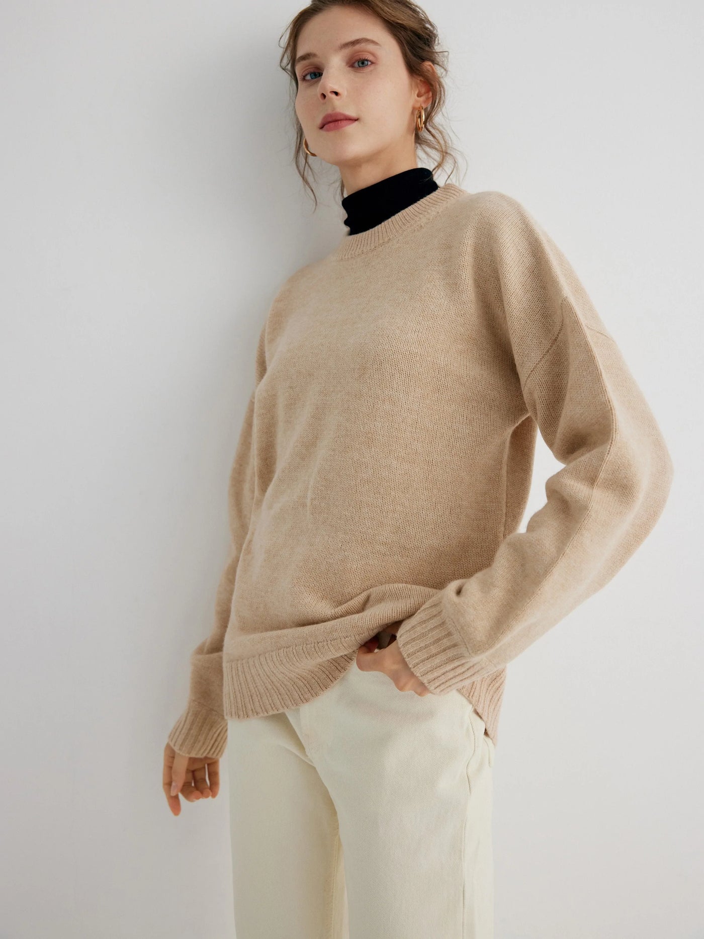 Gemma 100% Merino Wool Oatmeal Relaxed Fit Drop Shoulder Pullover