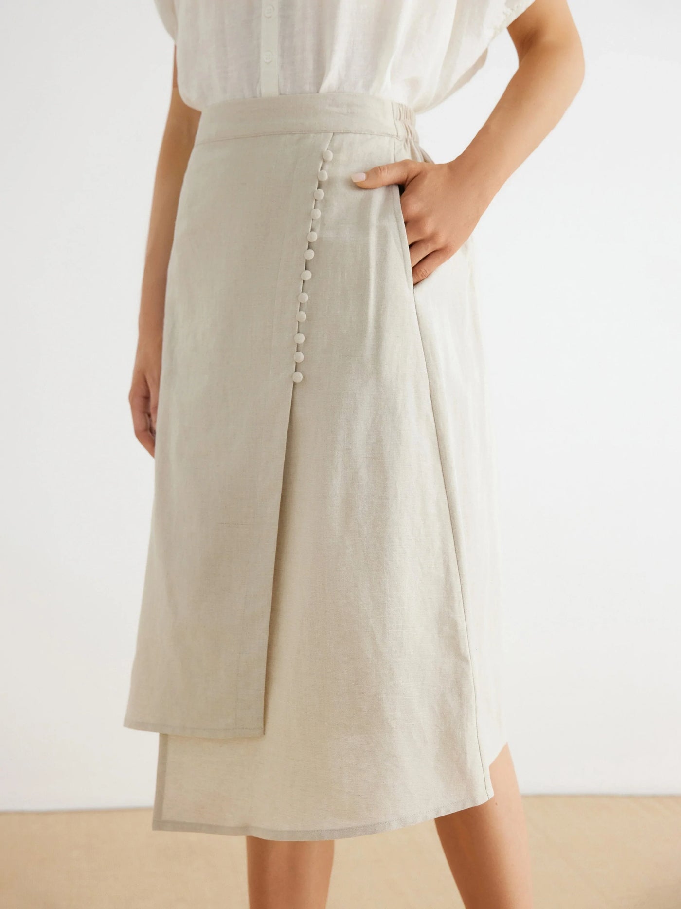 Charlie Linen Asymmetrical Hem Pockets Midi Skirt