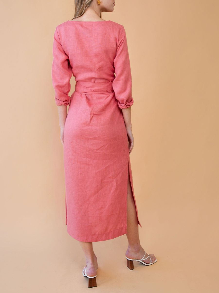 "Selena" Linen Coral Peach Maxi Dress