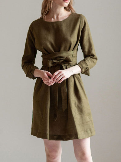 "Selena" Linen Khaki Green Linen Mini Dress