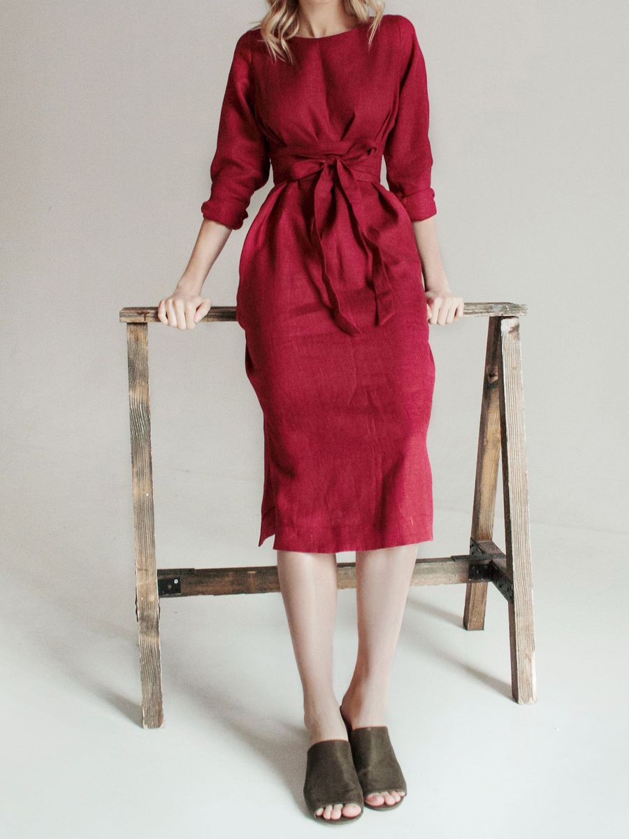 "Selena" Linen Long Sleeve Burgundy Midi Dress