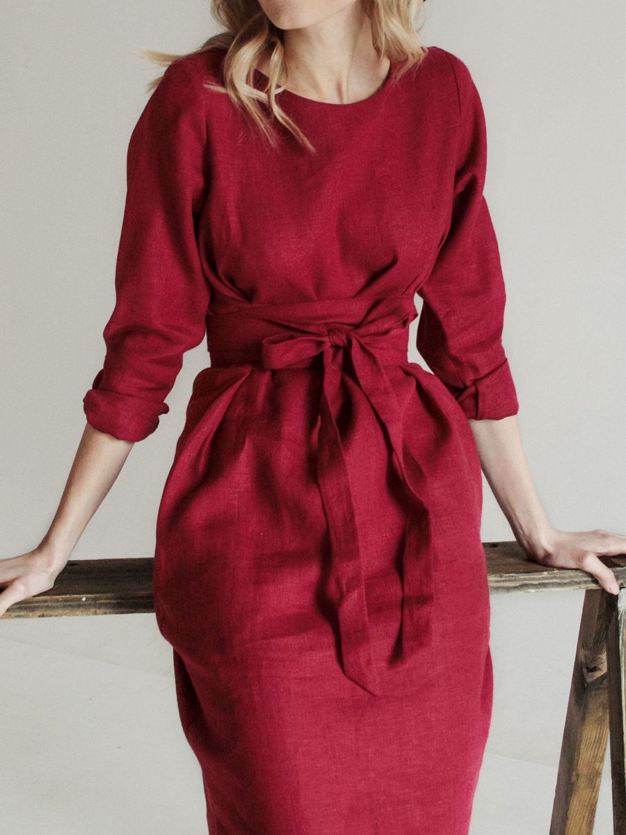 "Selena" Linen Long Sleeve Burgundy Midi Dress