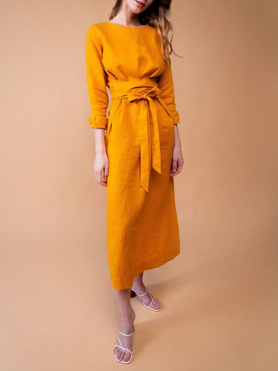 "Selena" Linen Mustard Yellow Maxi Dress