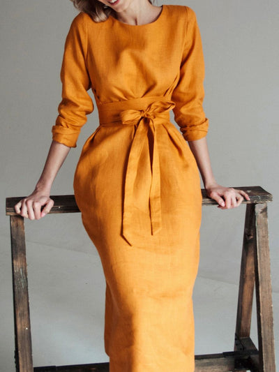 "Selena" Linen Mustard Yellow Midi Dress