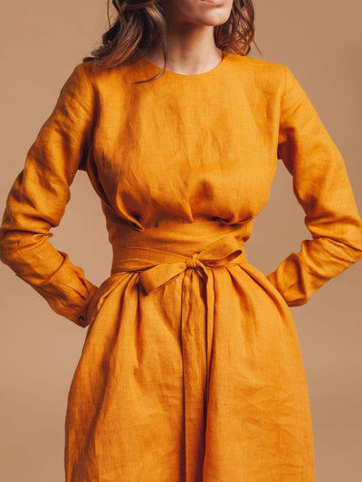 "Selena" Linen Mustard Yellow Mini Dress