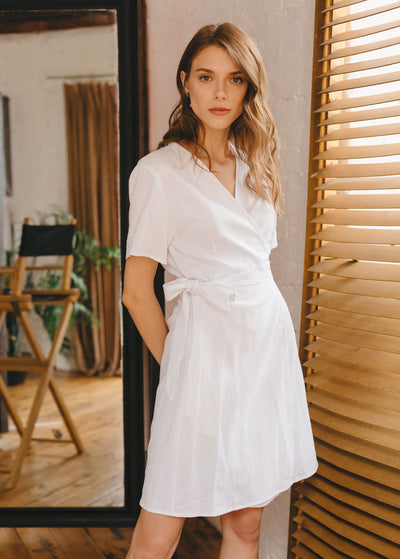 "Taylor" White Linen Mini Wrap Dress