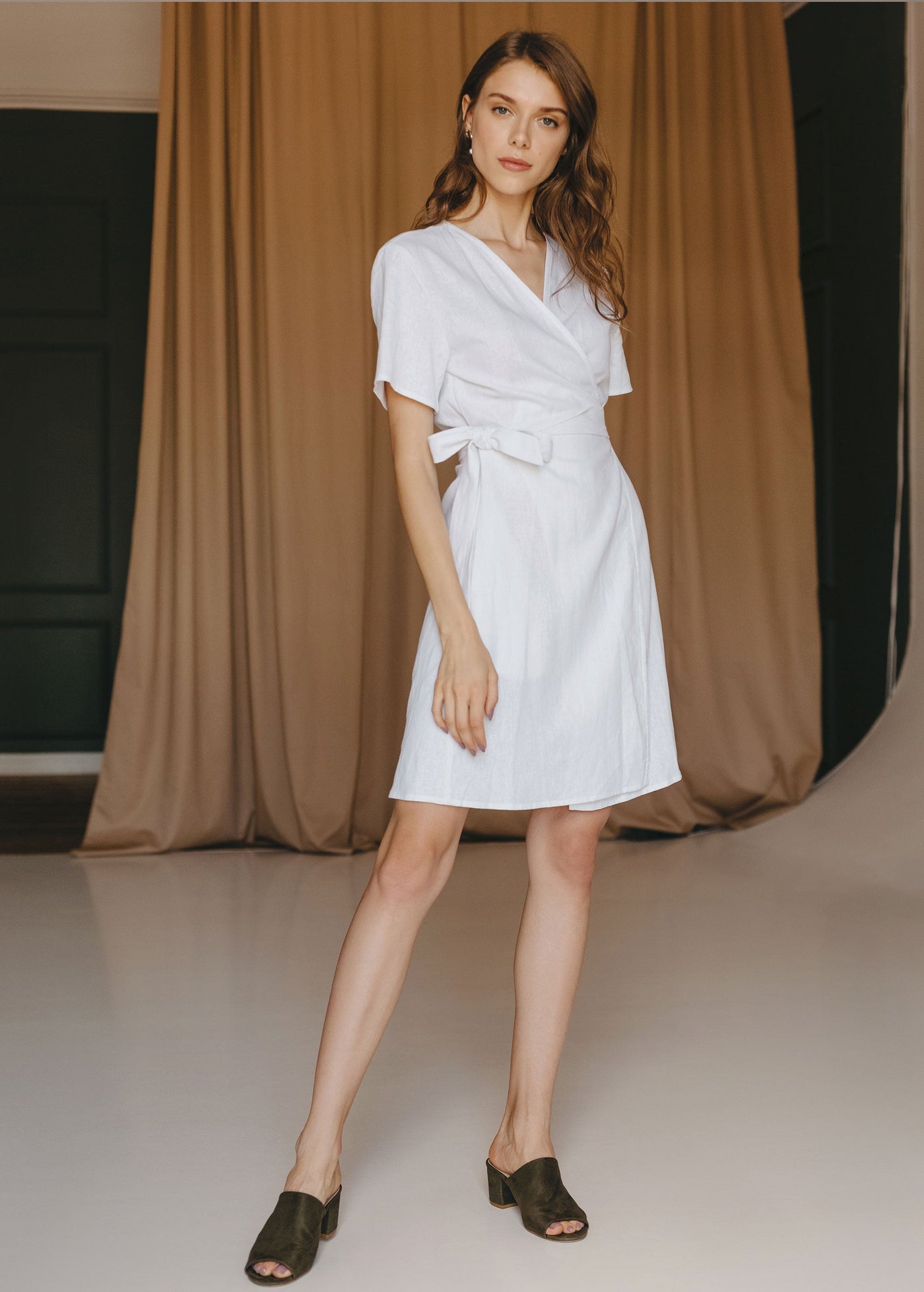 "Taylor" White Linen Mini Wrap Dress